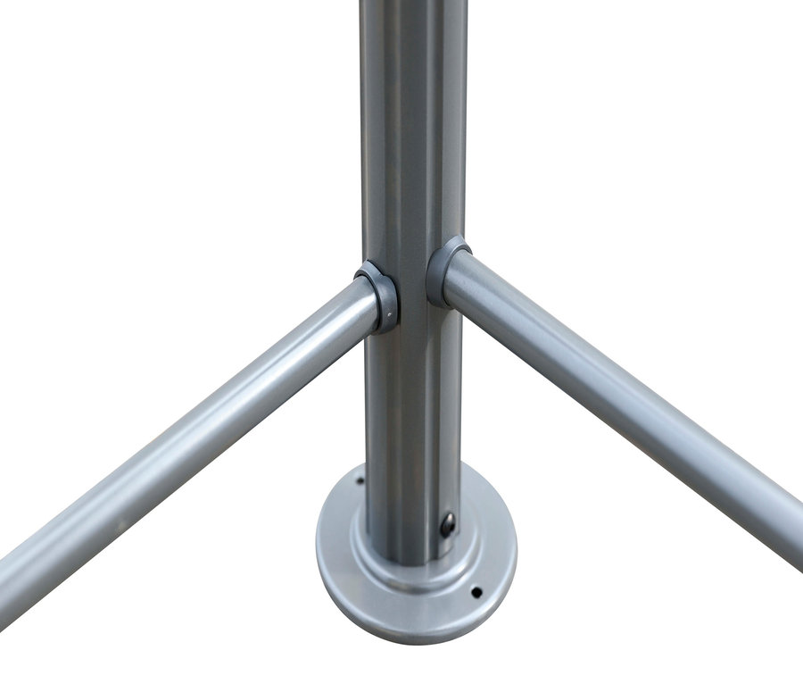 Detailansicht eines silbernen Profi-Grillpavillons XXL mit runder Basis und Metallrohren.