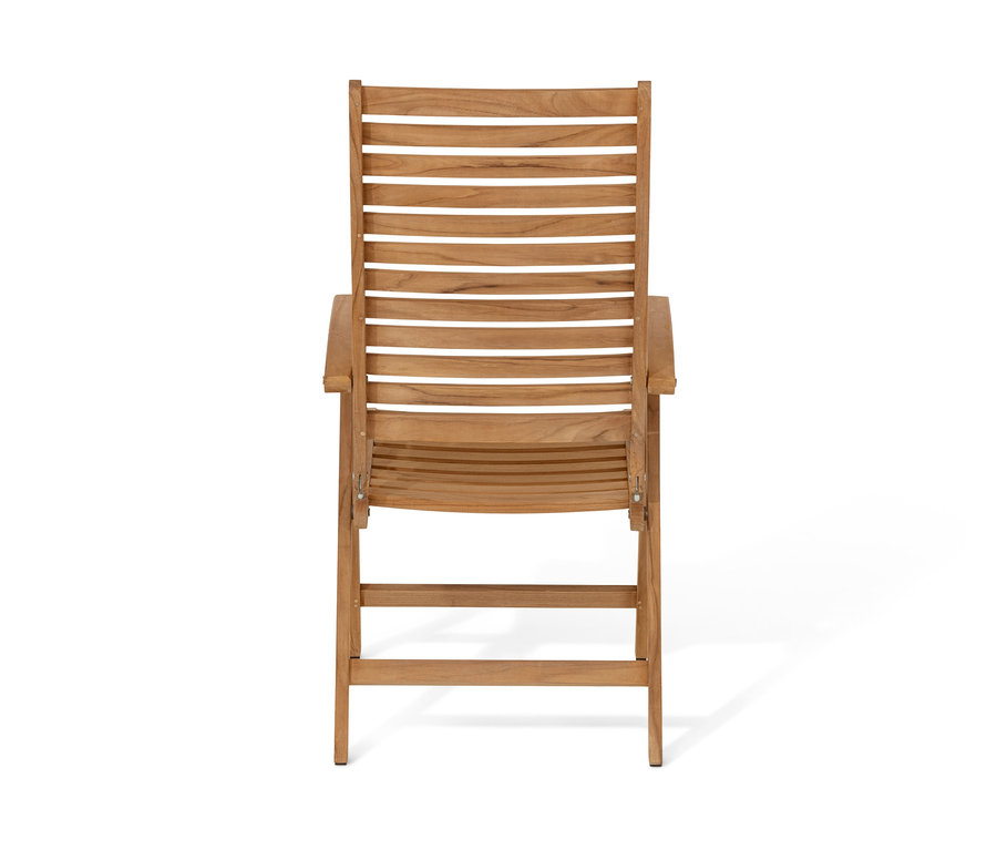 Rückansicht eines Teak-Hochlehners mit verstellbarer Rückenlehne.