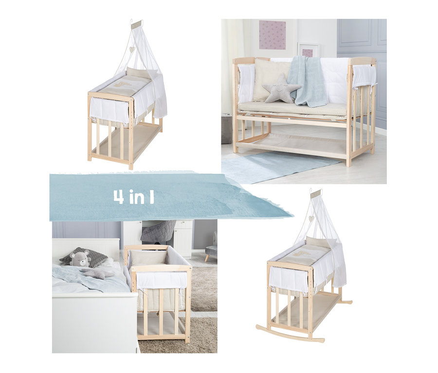 Vier Aufnahmen des roba 4-in-1-Stuben-Beistellbetts »Liebhabär« aus verschiedenen Blickwinkeln.