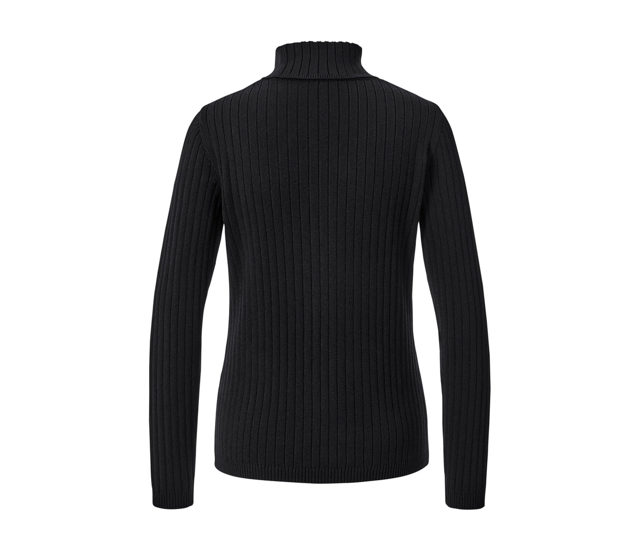 Schwarzer gerippter Rollkragenpullover.