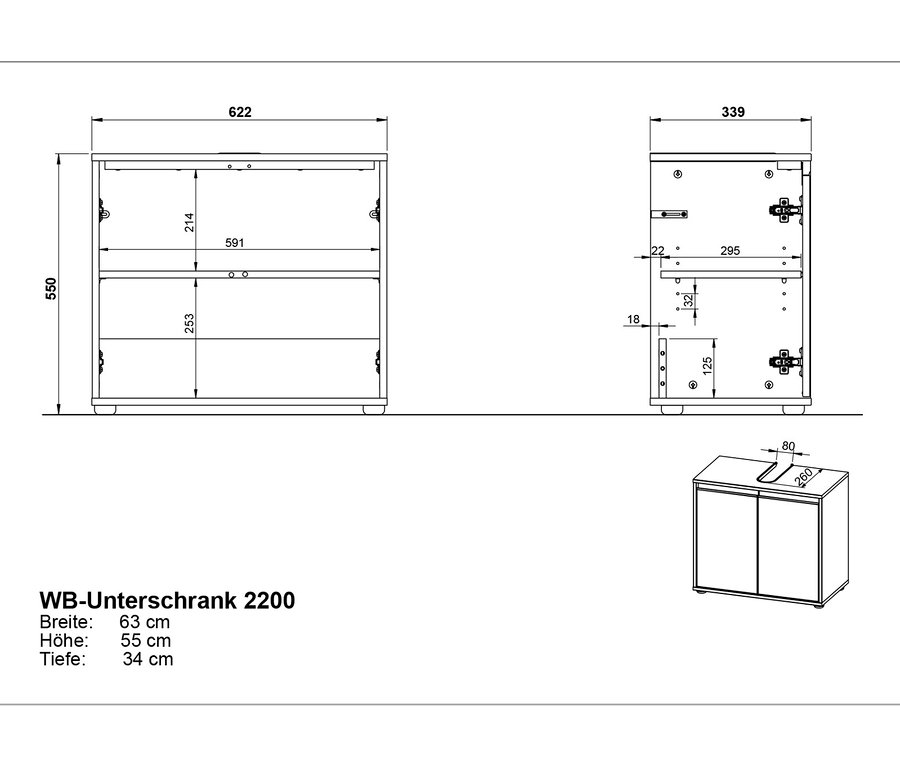 Technische Zeichnung von einem steingrauen Waschbeckenunterschrank "Lemont".