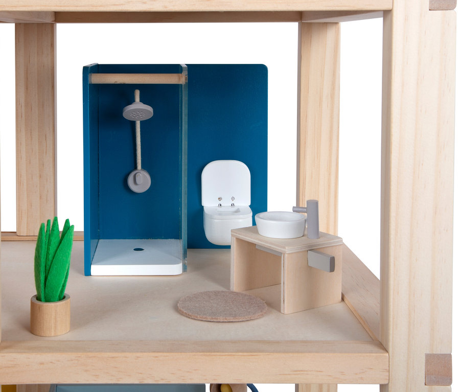 Detailansicht Badezimmer im small foot Puppenhaus Natur mit Möbeln: Dusche, Waschbecken, Toilette.