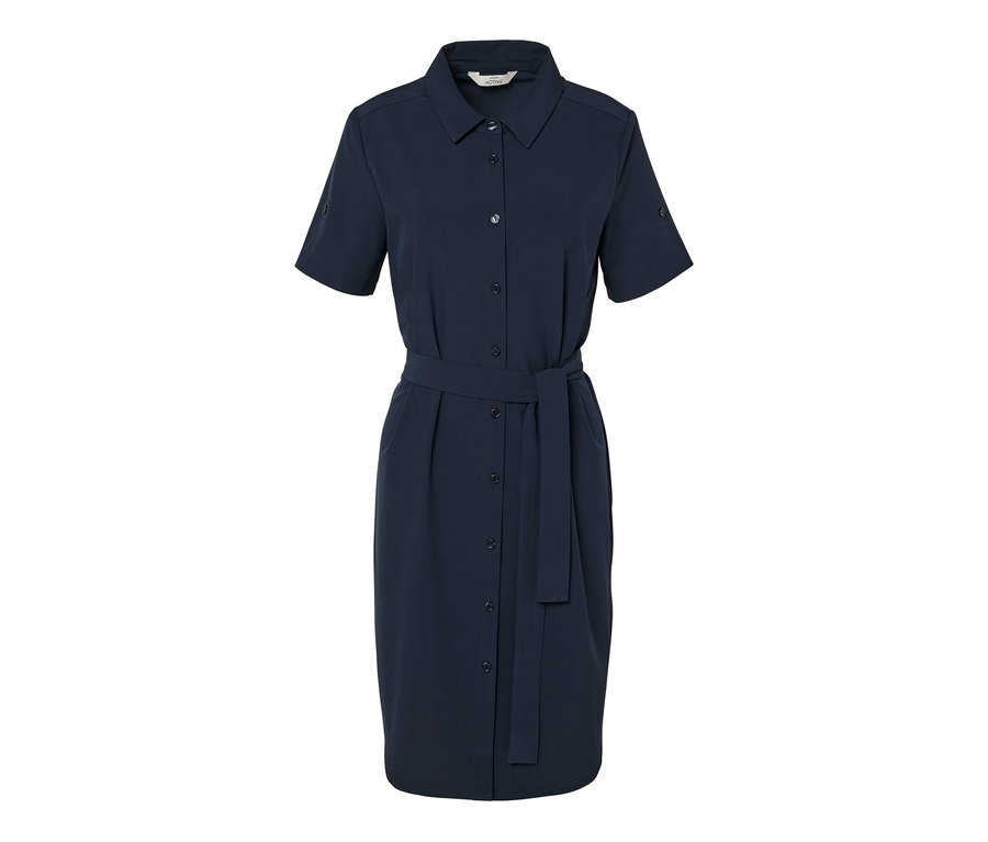 Dunkelblaues Funktions-Kleid mit kurzen Ärmeln und Gürtel.
