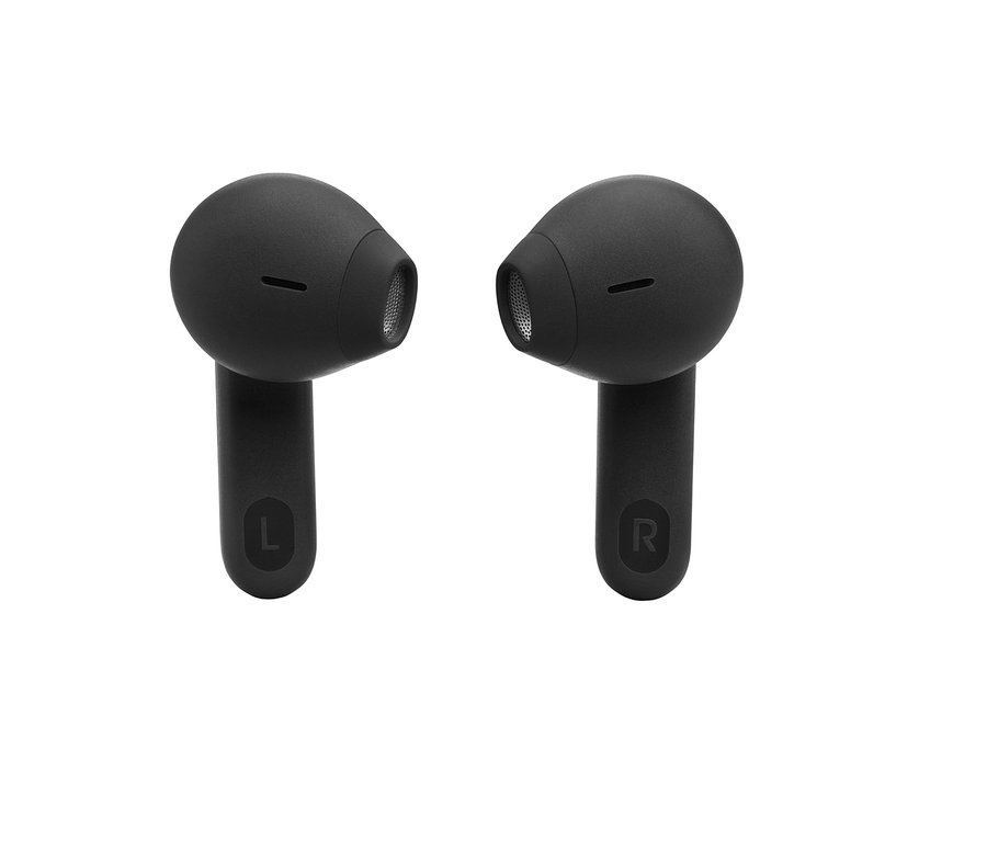 Zwei schwarze JBL »TUNE FLEX« In-Ear TWS Kopfhörer auf weißem Hintergrund.