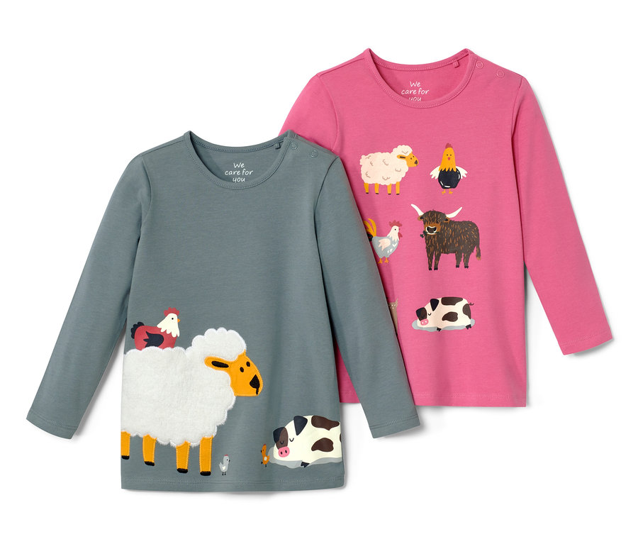 Zwei Kleinkind-Langarmshirts mit Tiermotiven.