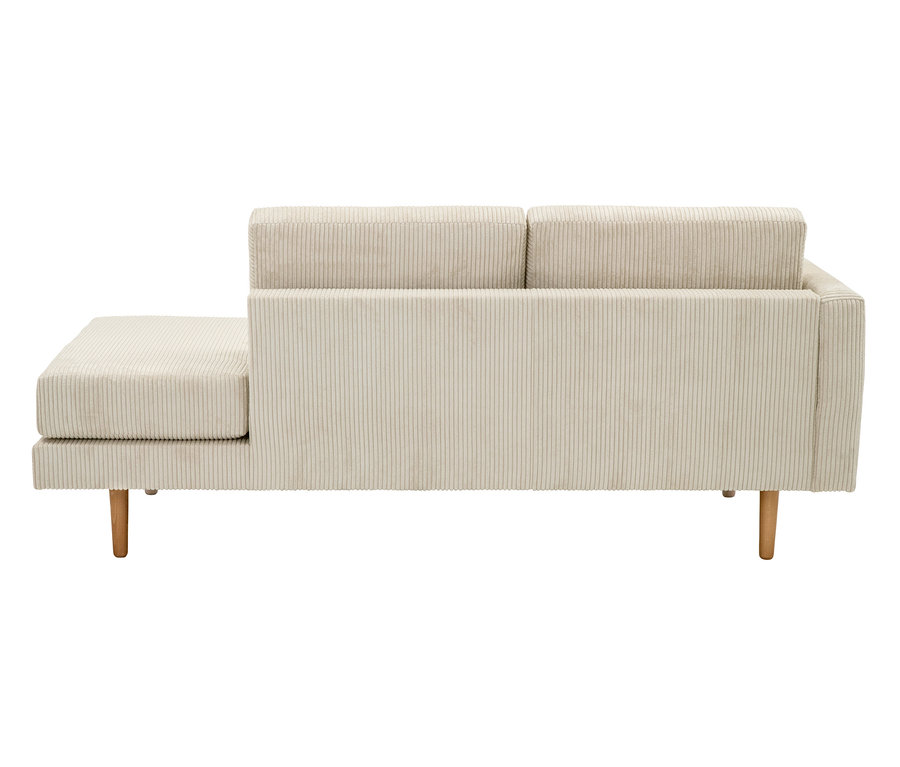 Rückansicht einer beigen Cord-Recamiere »Ivo« mit Armlehne auf der linken Seite.