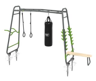 EXIT Outdoor-Fitnessgerät »MB230« mit grauem Rahmen, schwarzem Boxsack und grünen Elementen.