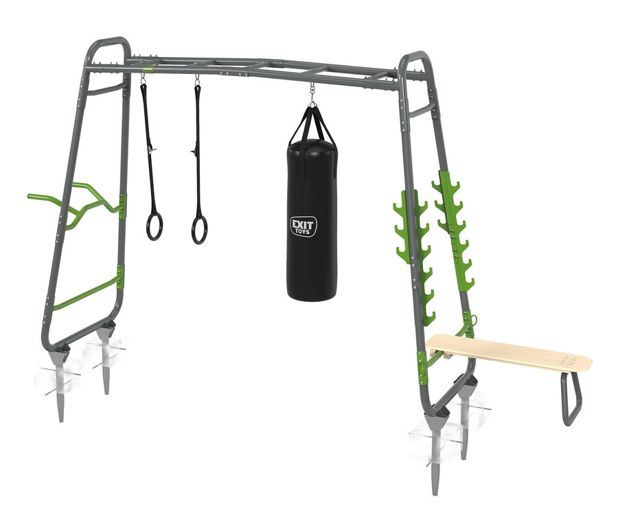 EXIT Outdoor-Fitnessgerät »MB230« mit grauem Rahmen, schwarzem Boxsack und grünen Elementen.