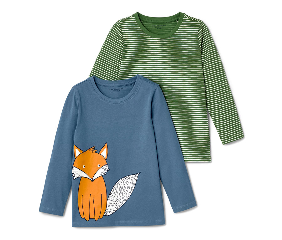 Zwei Kleinkind-Langarmshirts: ein blaues mit Fuchs-Motiv und ein grün-weiß gestreiftes.