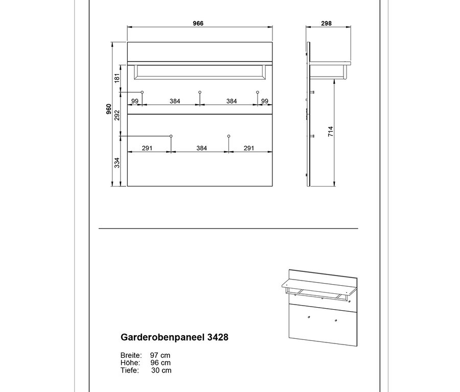 Abbildung eines Garderobenpaneels »Nordlia« mit Maßangaben.