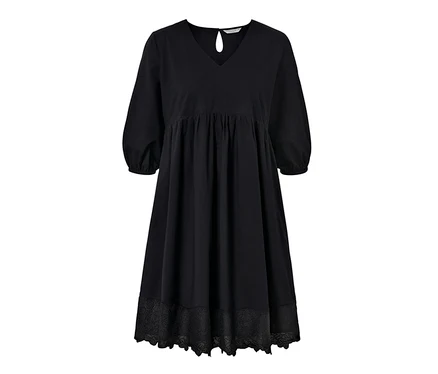 Schwarzes Webkleid mit Stickerei.
