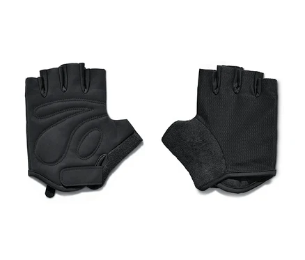 Zwei schwarze Fahrrad-Handschuhe ohne Finger liegen nebeneinander auf einem weißen Hintergrund.