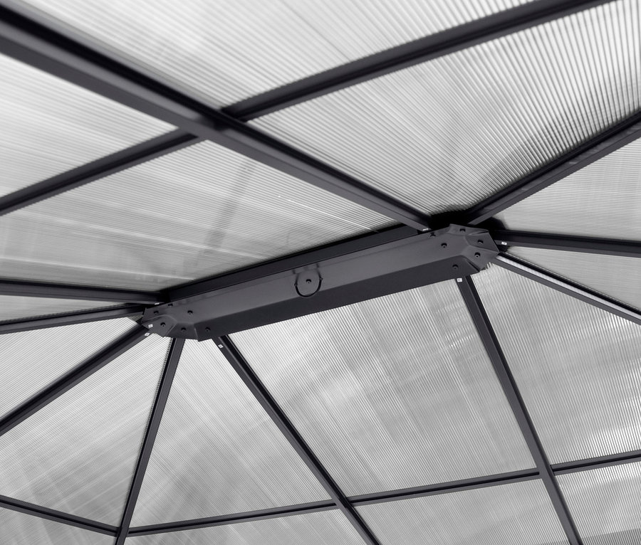 Detailansicht von unten des Leco Pavillons mit Seitenwänden, 6-mm-HKP.
