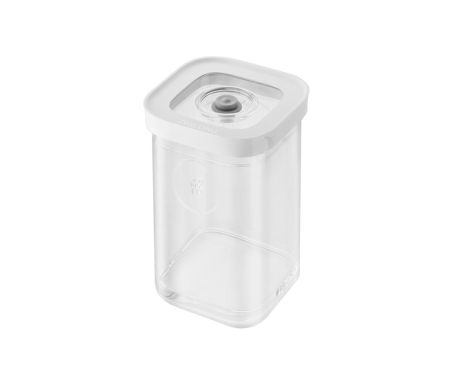 Eine durchsichtige ZWILLING FRESH & SAVE CUBE, Vakuum-Box-Set, S, 6-teilig mit weißem Deckel.