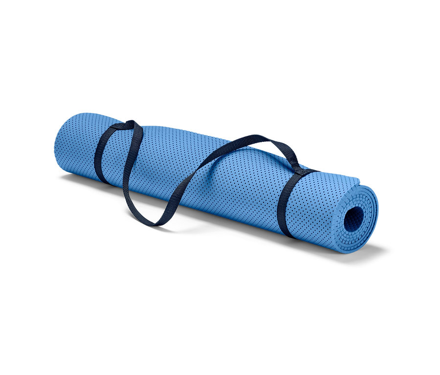 Eine zusammengerollte blaue Yoga- und Fitnessmatte mit schwarzen Tragegurten.
