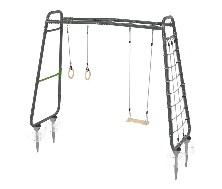 Graues EXIT Klettergerüst MB210 mit Schaukel, Turnringen und Kletternetz.