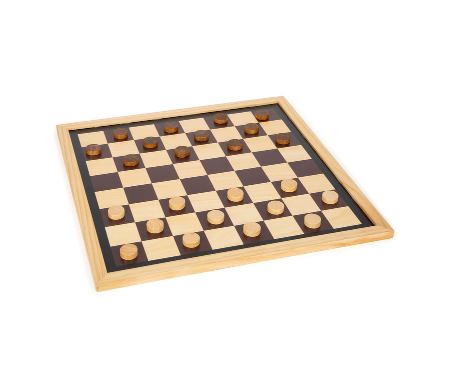 Ein Schachbrett mit braunen und beigen Feldern und braunen und beigen Spielsteinen, aus der small foot Spielesammlung, 20 Klassiker.