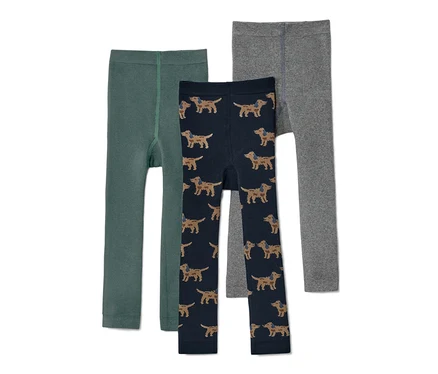Drei Kinder-Thermoleggings: grün, dunkelblau mit Dackel-Print und grau.