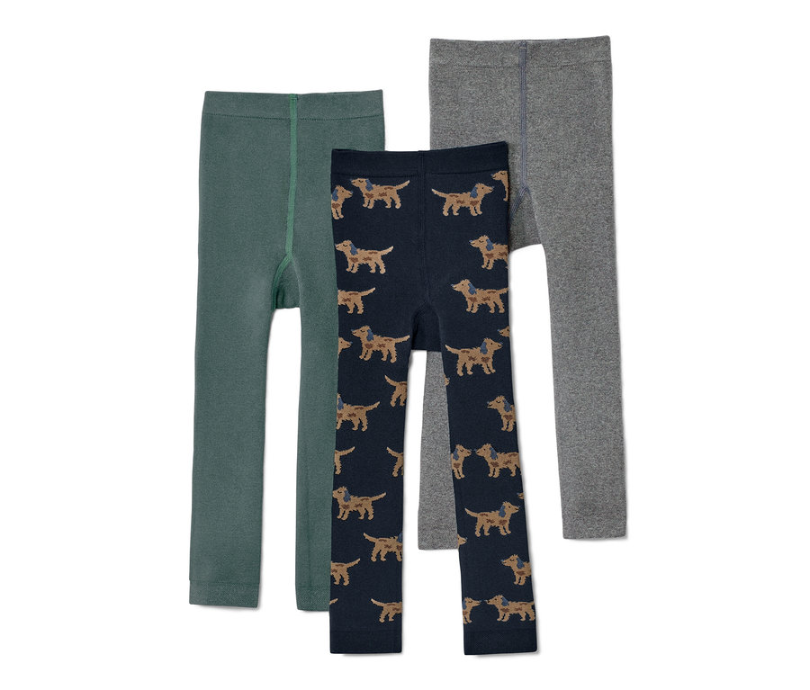 Drei Kinder-Thermoleggings: grün, dunkelblau mit Dackel-Print und grau.