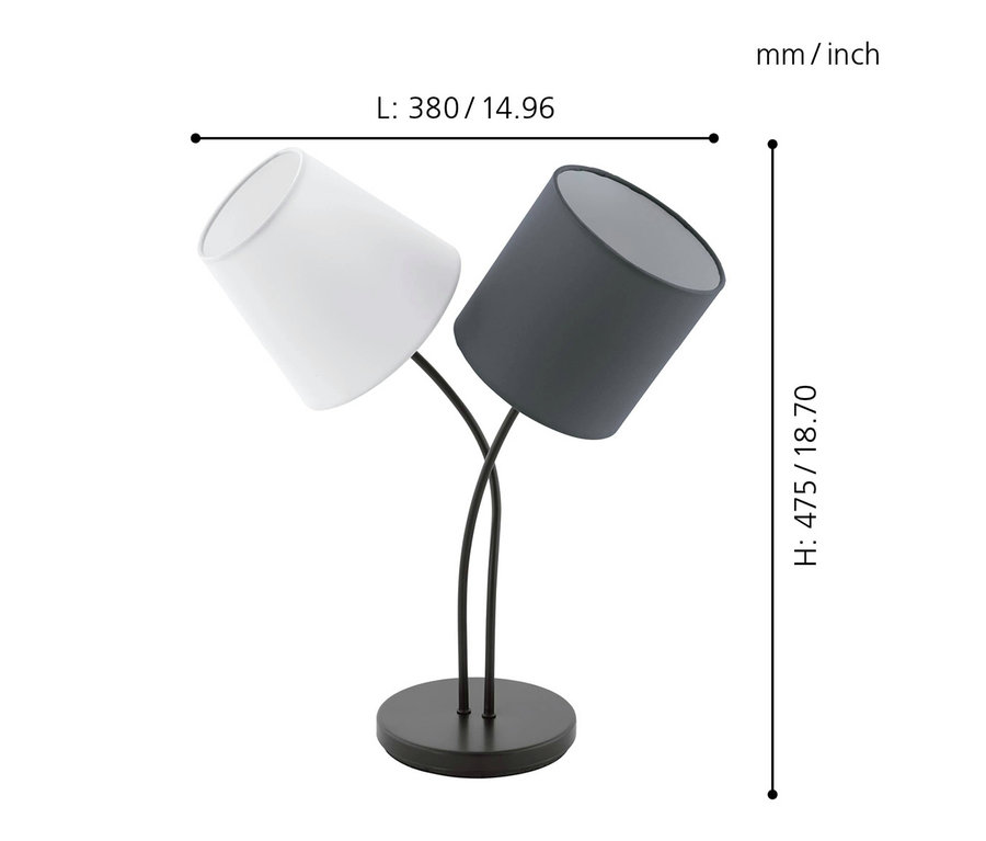 Schwarze Eglo Tischleuchte »Almeida« mit einem weißen und einem schwarzen Lampenschirm.