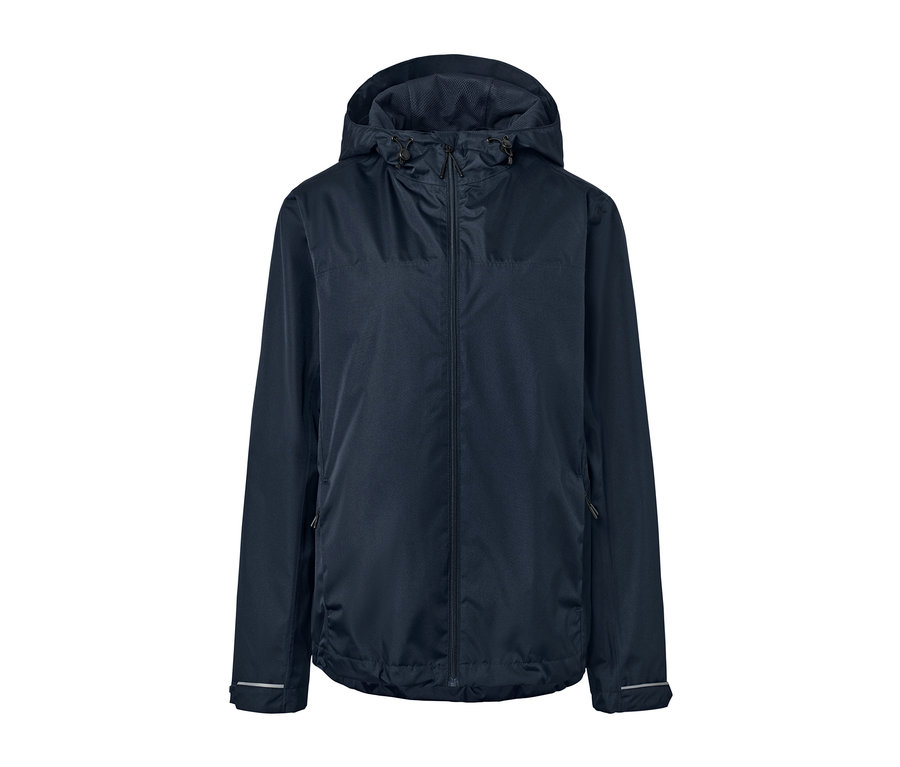 Blaue Unisex-Regenjacke mit mittigem Reißverschluss.