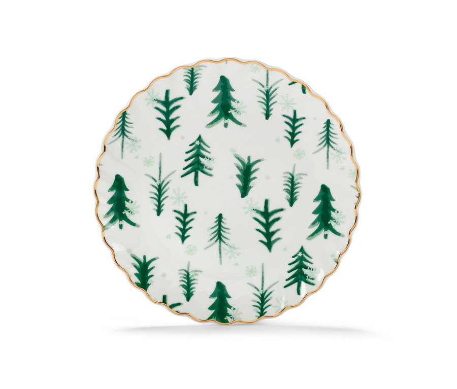 Vier Dessertteller mit Glanzgolddekor und grünem Tannenmuster.