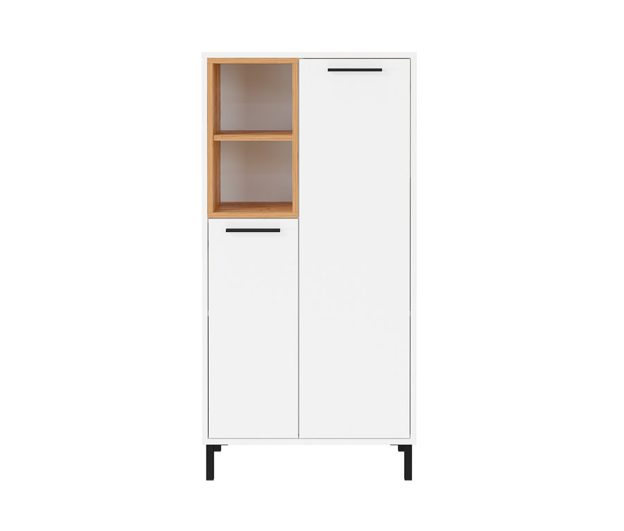 Weiße Kommode »Loria« mit Holzregalen und schwarzen Griffen.