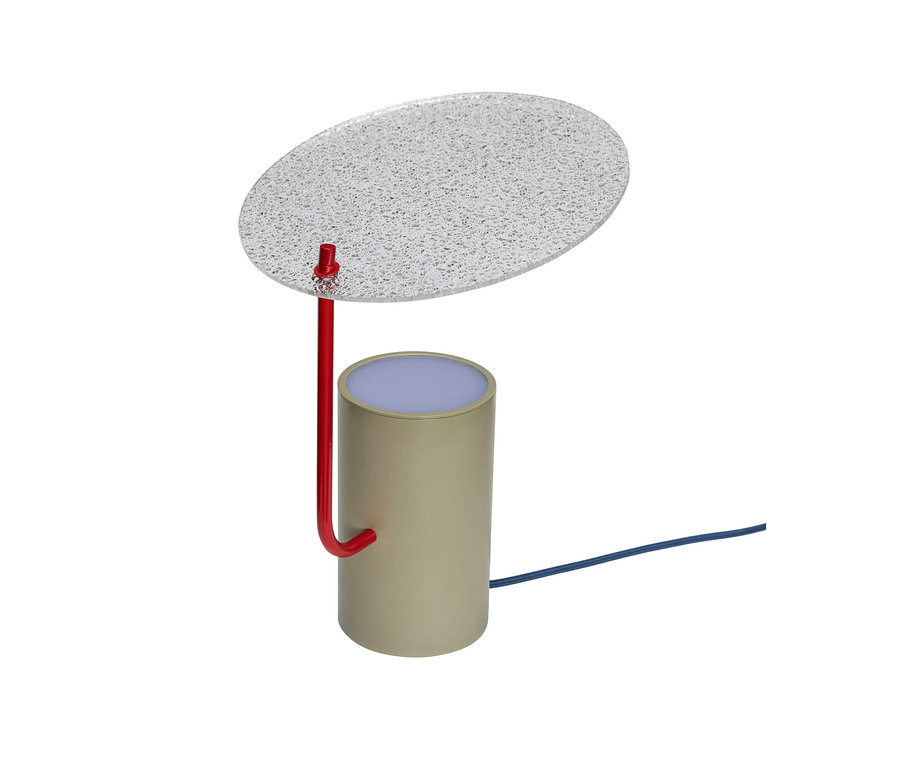 Hübsch Tischleuchte »Disc« mit grauem Glasschirm, rotem Metallrahmen und zylindrischem Sockel.