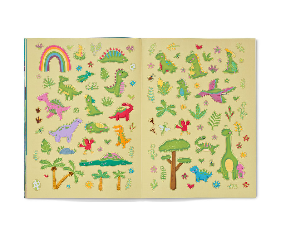 Offenes Buch mit Dinosaurier-Aufklebern, "Mein Metallic-Stickerbuch »Im Land der Dinosaurier«".