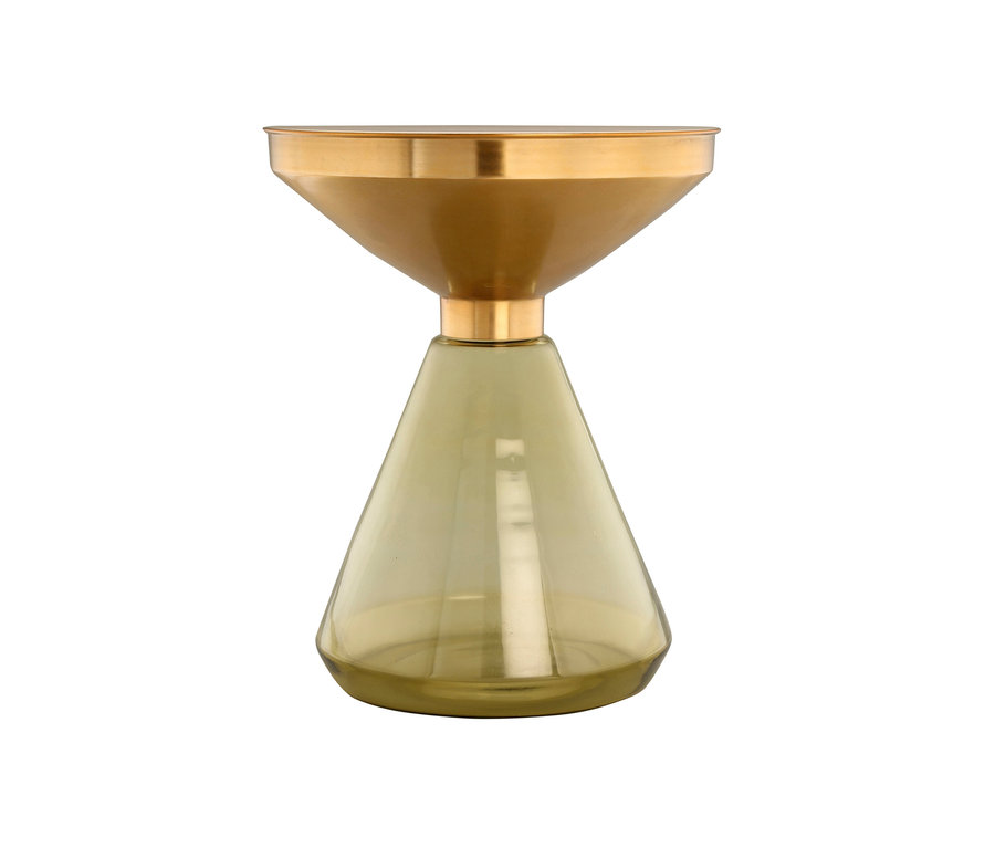 Goldener Kayoom Beistelltisch Roman mit olivgrünem Glasfuß.