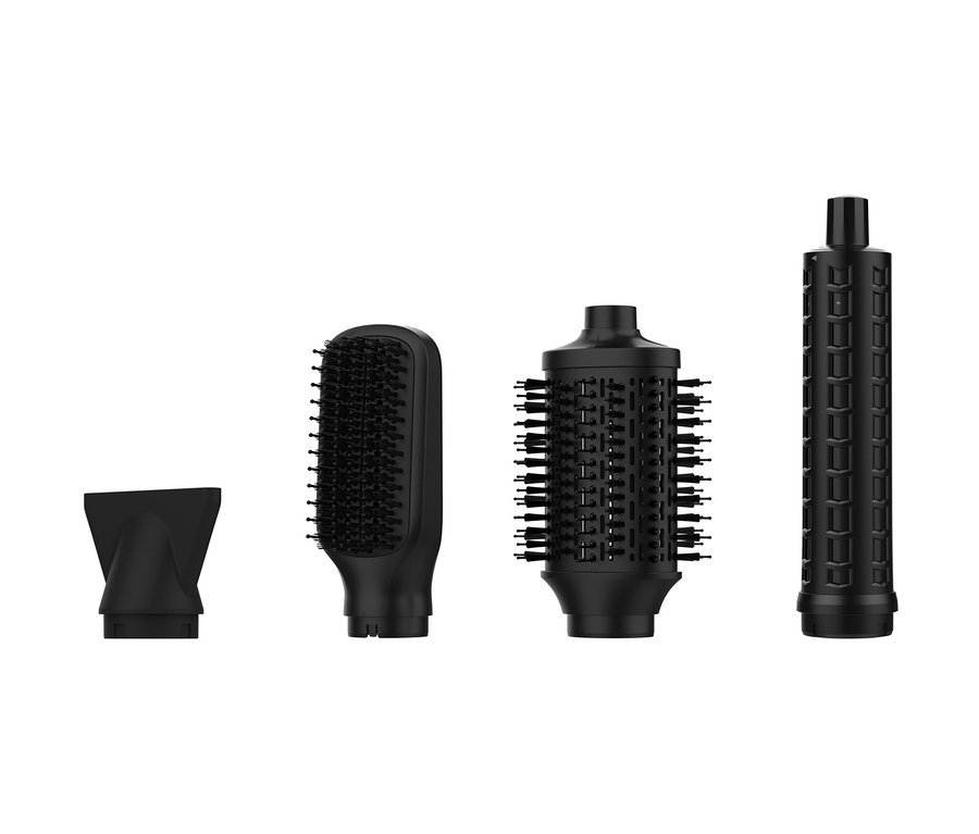 Vier schwarze Aufsätze für den Silk'n Multihaarstyler »SilkyAirFlex« auf weißem Hintergrund.