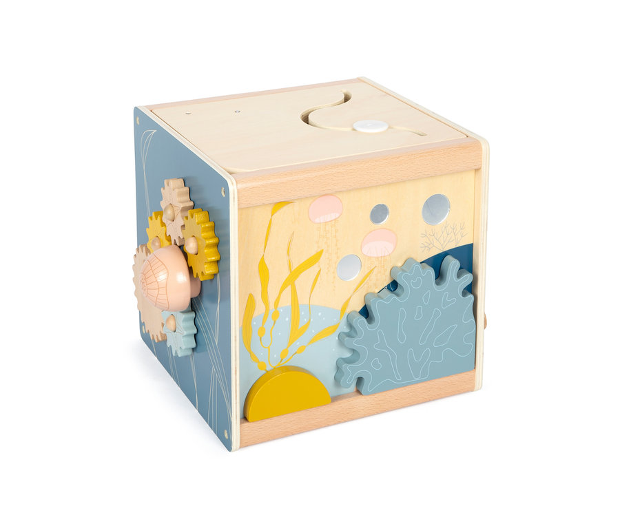 Detailansicht des small foot Motorikwürfels »Seaside« mit Meeresmotiven.