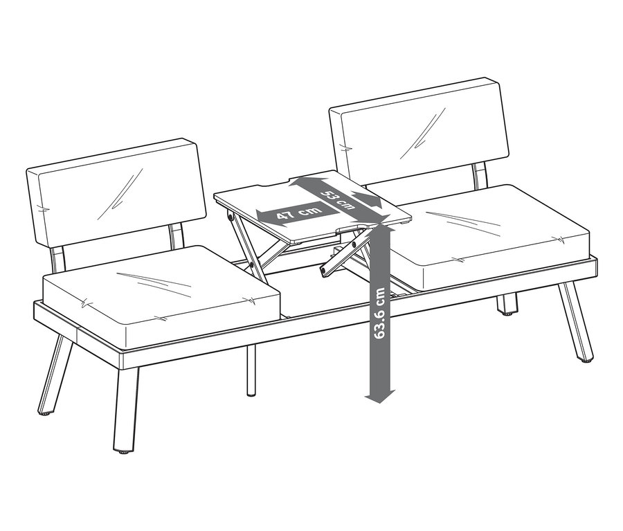 Skizze eines 2-in-1-Sofa-Liege mit hochklappbarem Mitteltisch und Abmessungen.