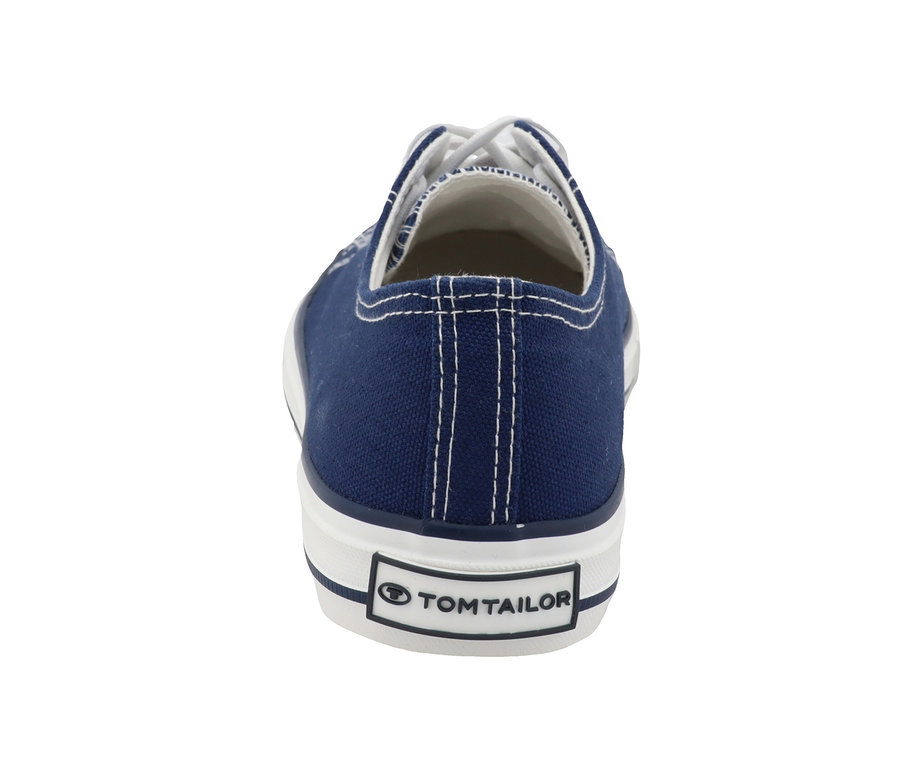 Rückansicht eines dunkelblauen Tom Tailor Sneakers aus Textil mit weißer Sohle.