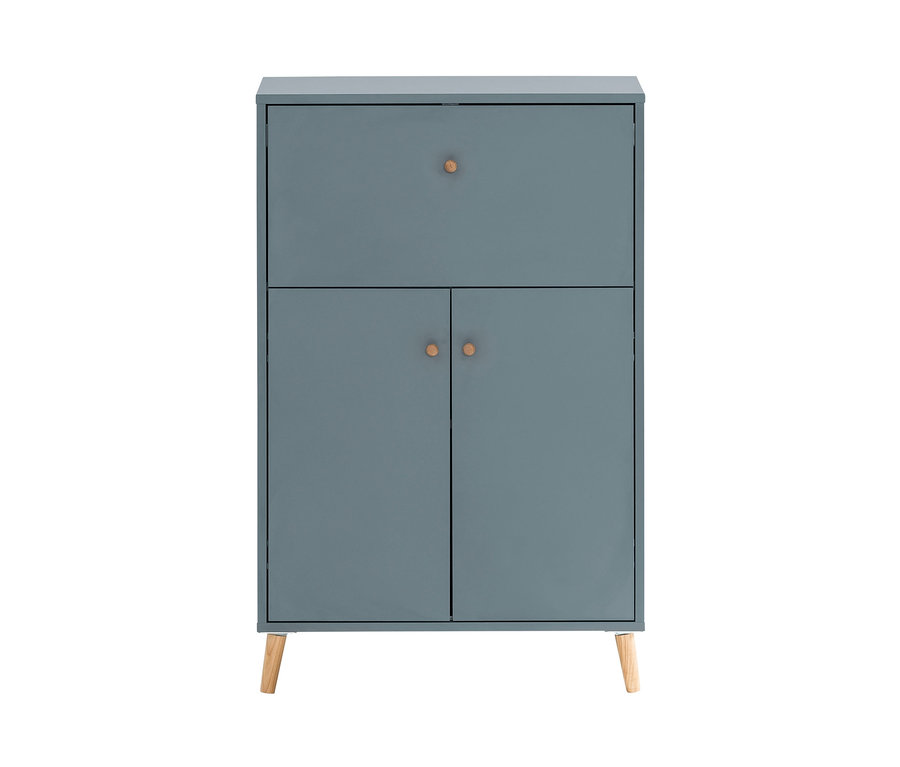 Blauer Sekretär »Bjarne« mit zwei Türen und einer oberen Klappe mit runden Holzgriffen.