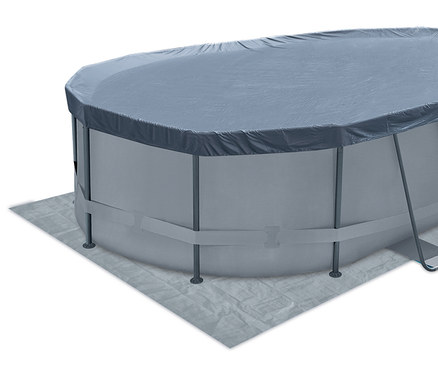 Ansicht eines Summer Waves Active-Frame-Pools, ca. 488 x 305 x 107 cm, mit grauer Plane und Unterlegplane.