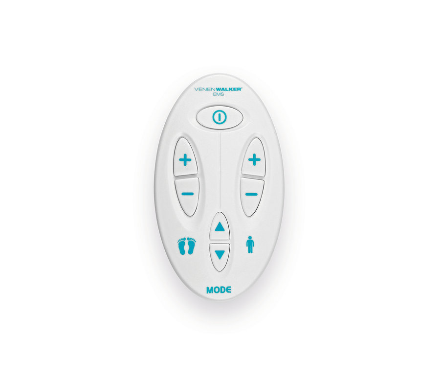 VenenWalker EMS-Controller mit Plus-, Minus- und Modus-Tasten.