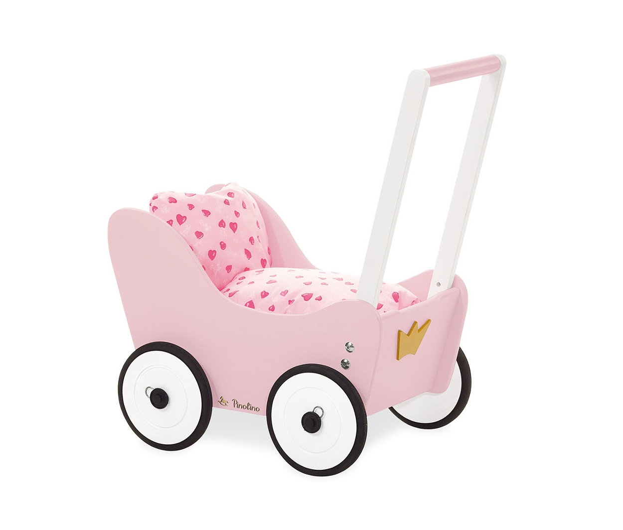 Rosa Pinolino Puppenwagen »Prinzessin Lea« mit weißem Griff und Kissen mit Herzchenmuster.