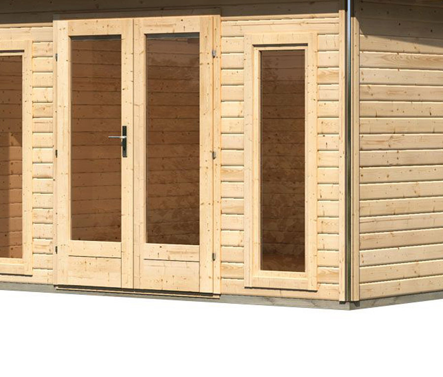Abgebildet ist ein naturbelassenes Karibu Premium-Gartenhaus, 38 mm (Altona 3).