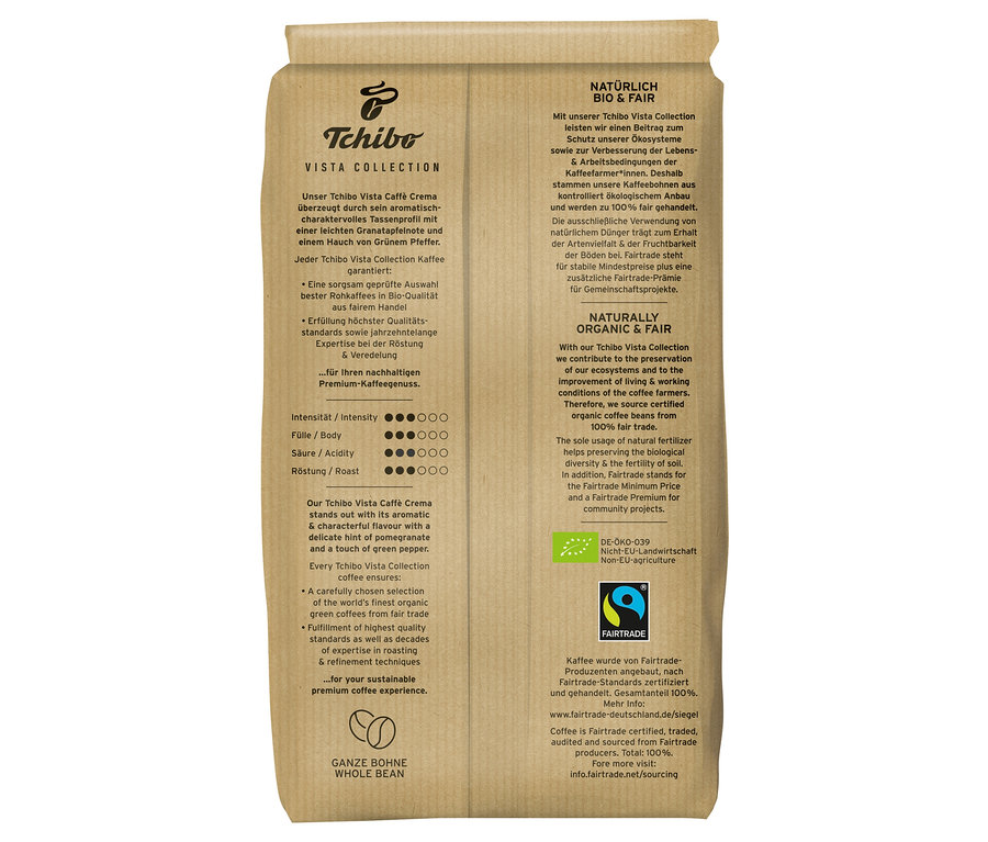 Eine Packung Tchibo Vista Collection Bio Caffé Crema Kaffee. Die Packung ist braun und enthält Informationen über den Kaffee.