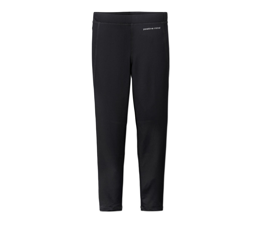 Schwarze Sporttight mit recyceltem Material auf weißem Hintergrund.