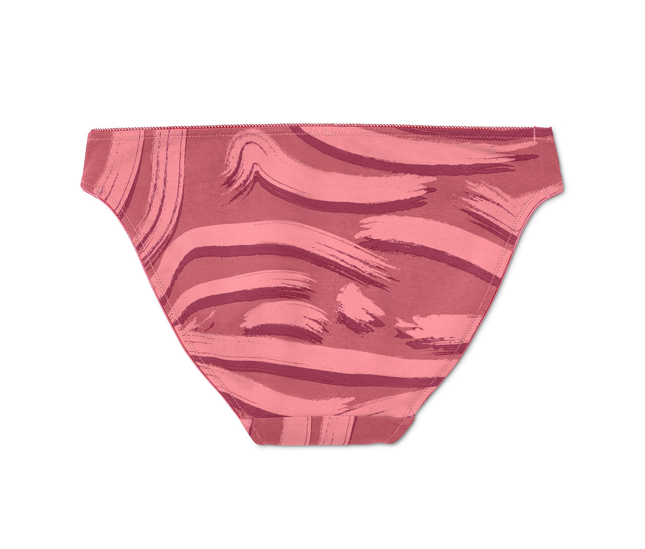 Detailaufnahme eines Damenslips mit abstraktem Muster in Rosatönen. 5 Slips.