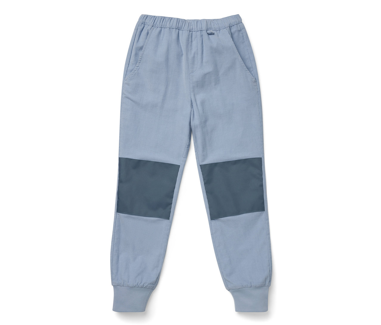Blaue Kinder-Cord-Outdoorhose mit dunklen Kniepatches.