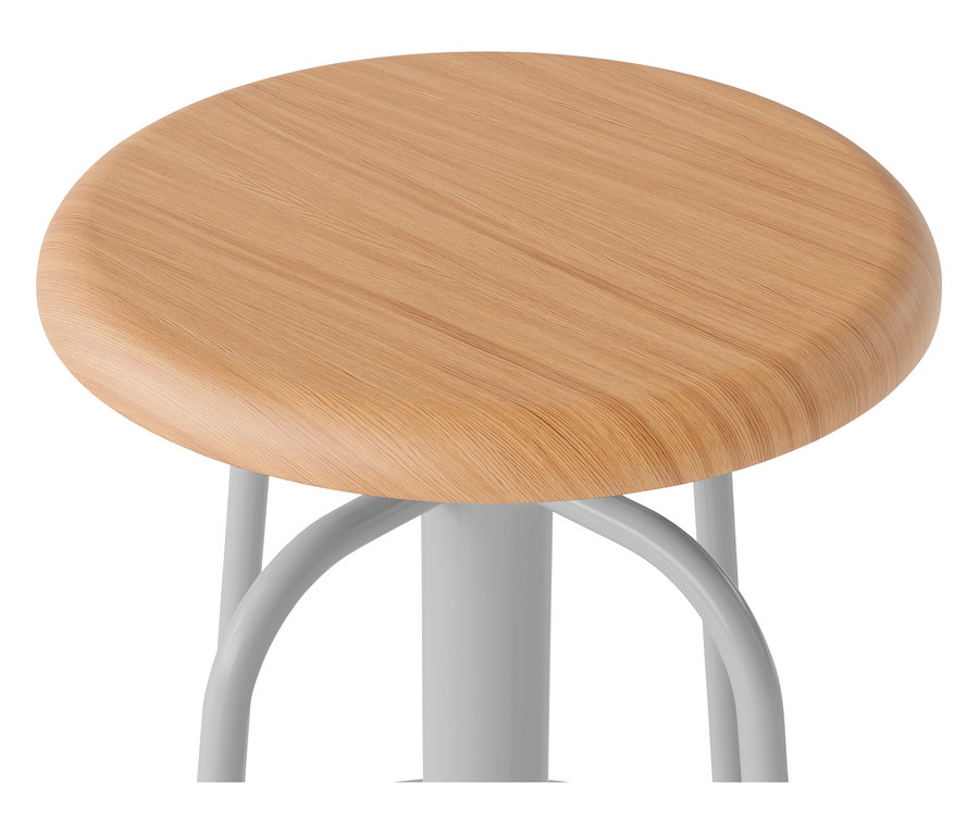 Detailansicht eines Holzschemels mit weißem Metallgestell.