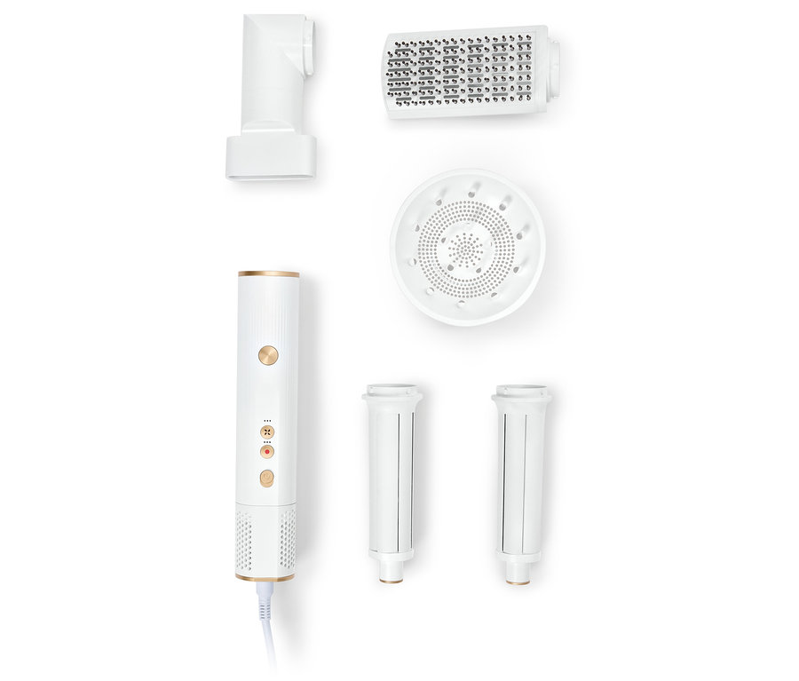 Weißes Multifunktions-Haarstylinggerät mit verschiedenen Aufsätzen.