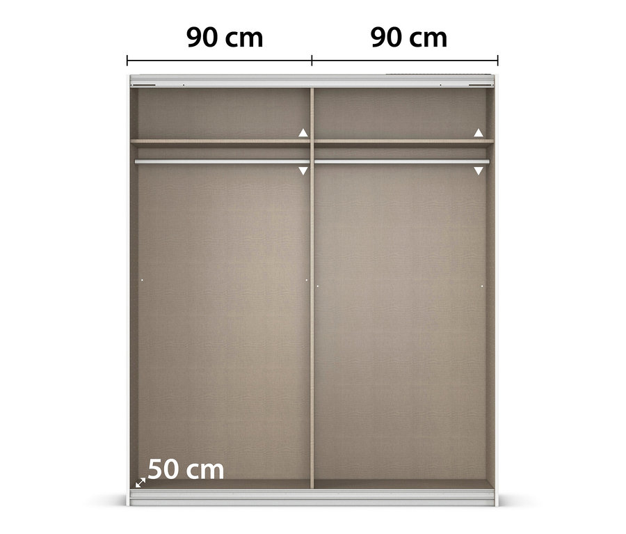 Ansicht eines Rauch Schwebetürenschranks »Abraxxas« mit zwei Türen, einer in Weiß und einer in Grau metallic.
