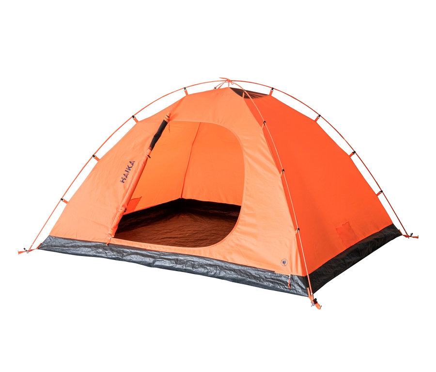 Orangefarbenes Tambu 4-Personen-Kuppelzelt »HAIKA 4« mit offenem Eingang.