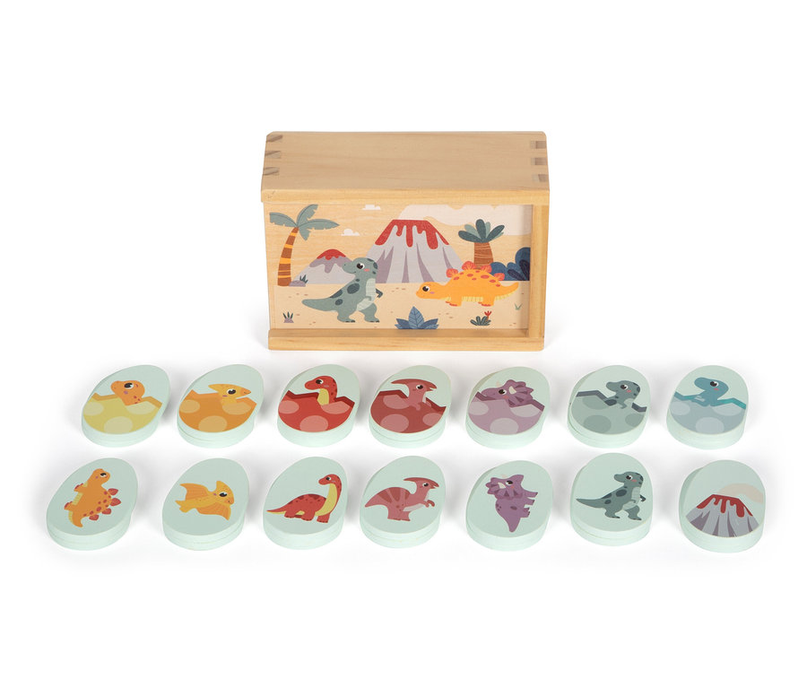 Ein Holzkasten mit einem Bild von Dinosauriern und einem Vulkan, darunter sind 16 Holzteile mit Darstellungen von Dinosauriern ausgelegt, es handelt sich um ein »Dino« Spiele-Set von small foot.