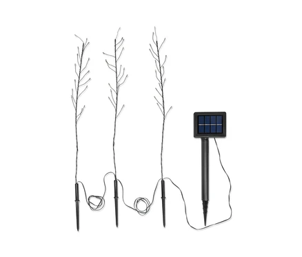 Drei Solar-Spieße mit LED-Lichtern und einem Solarpanel.