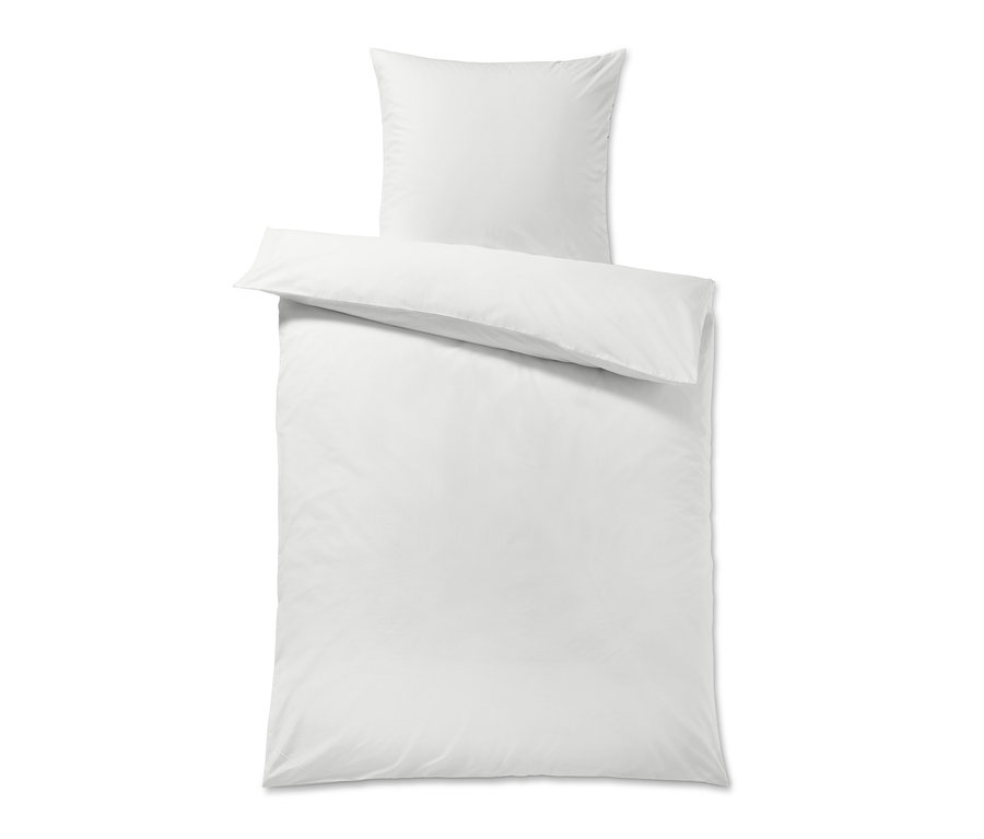 Weiße Perkal-Bettwäsche für ein Bett, inklusive Kopfkissen und Bettdecke.